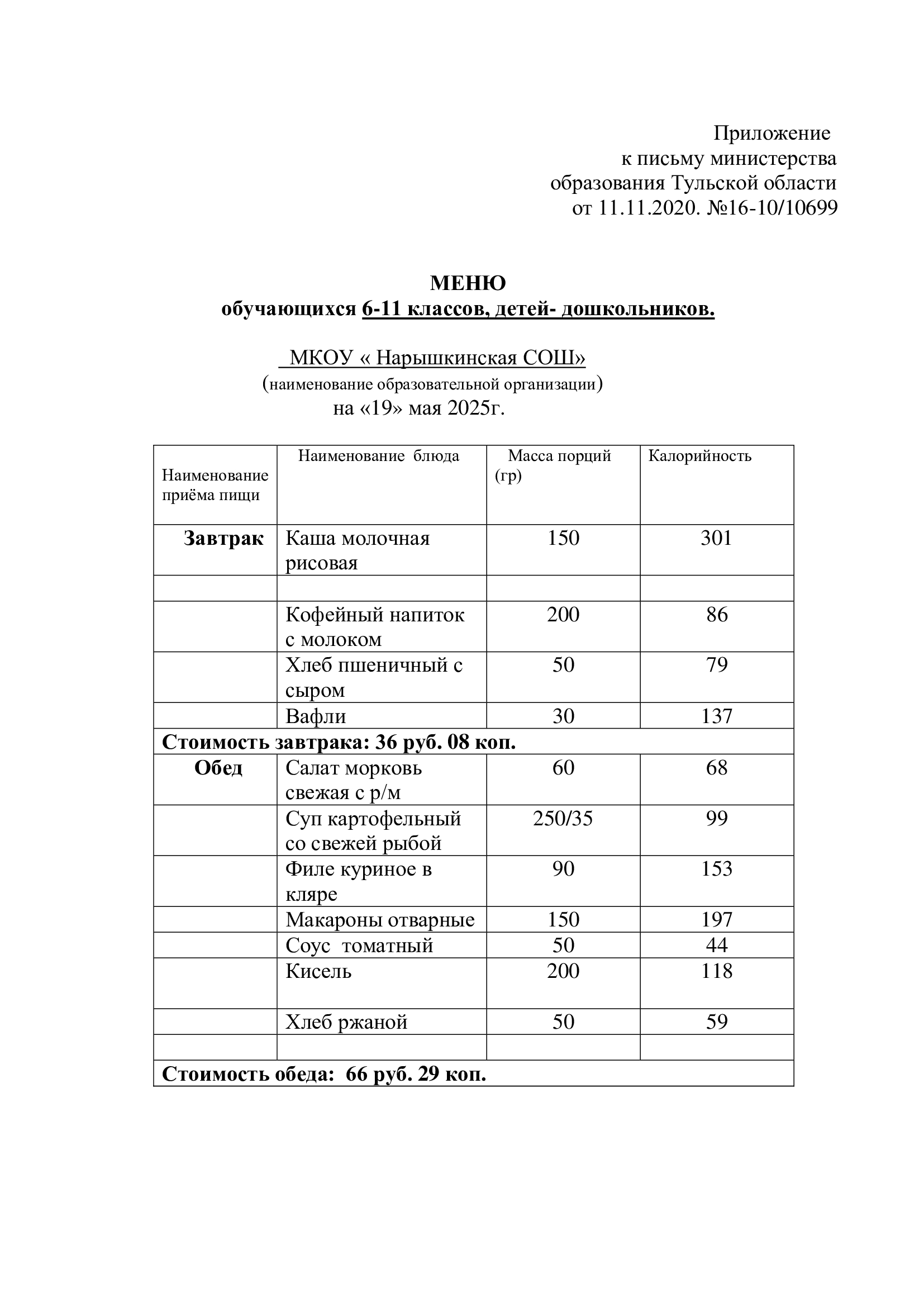 Меню на 19.05.2025г..