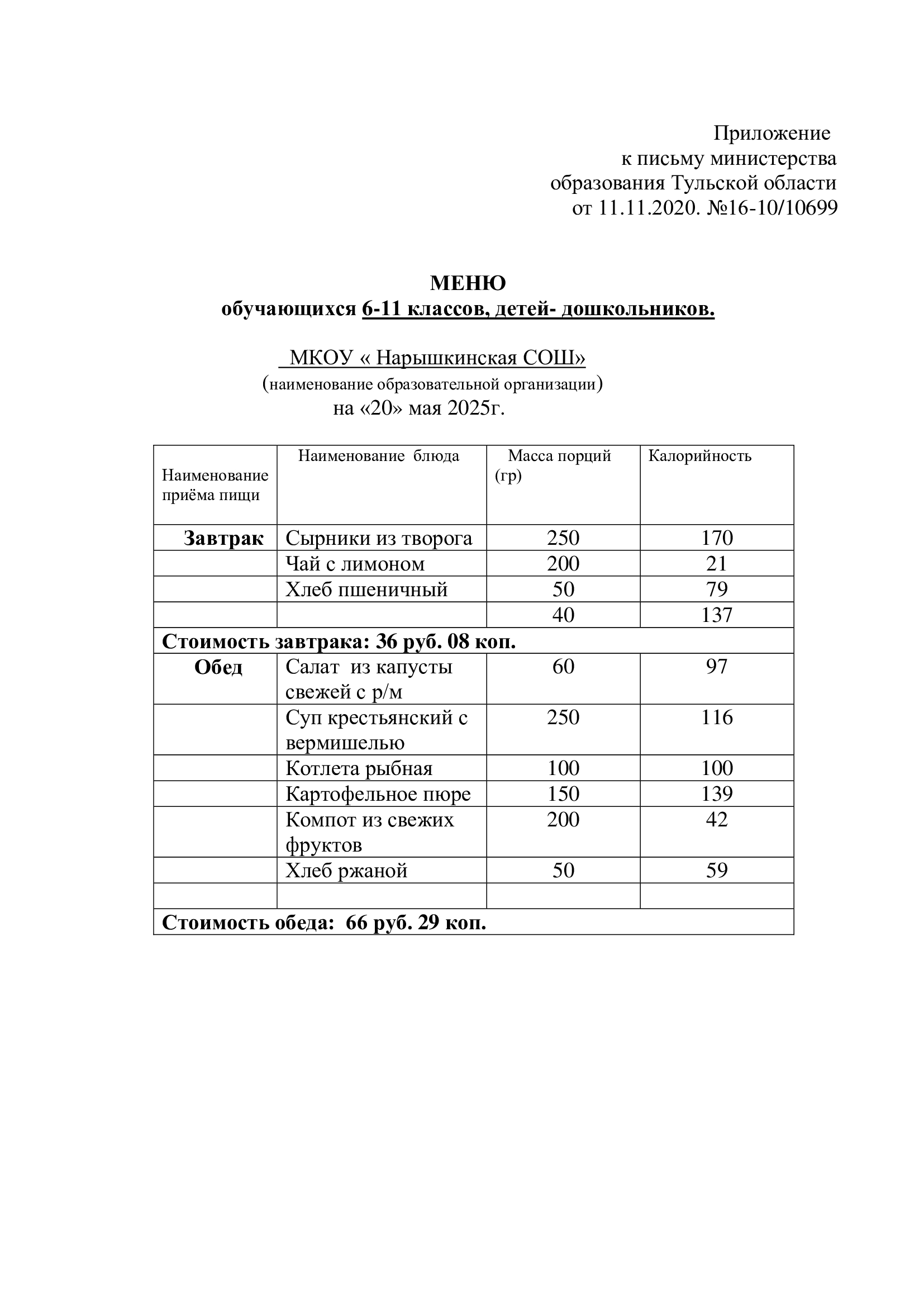 Меню на 20.05.2025г..
